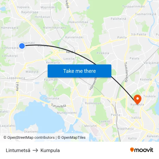 Lintumetsä to Kumpula map