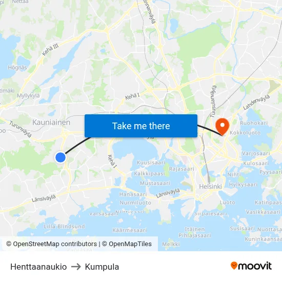 Henttaa Square to Kumpula map