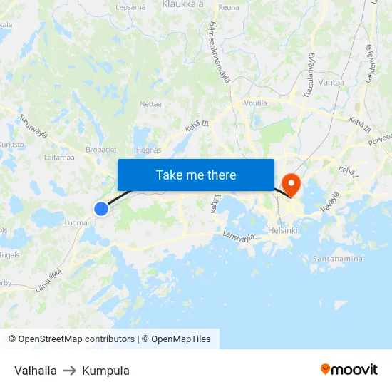 Valhalla to Kumpula map