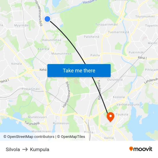 Silvola to Kumpula map