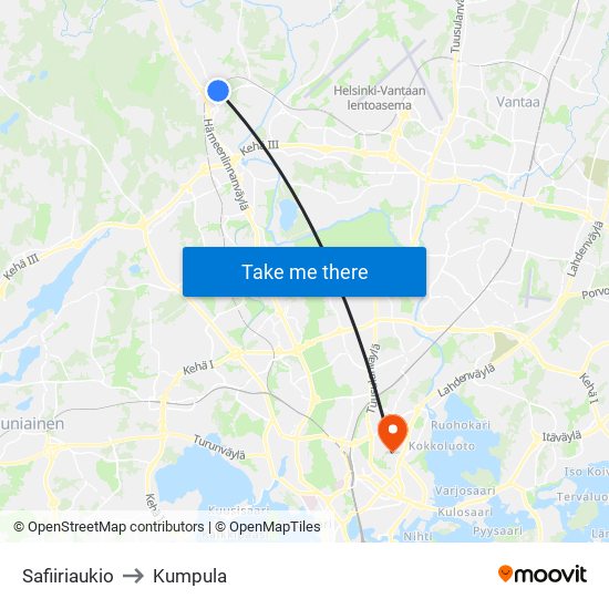 Safiiriaukio to Kumpula map