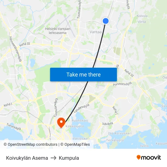 Koivukylän Asema to Kumpula map