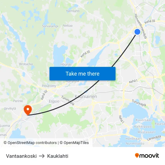 Vantaankoski to Kauklahti map