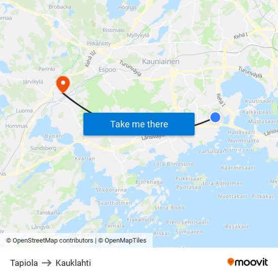 Tapiola to Kauklahti map