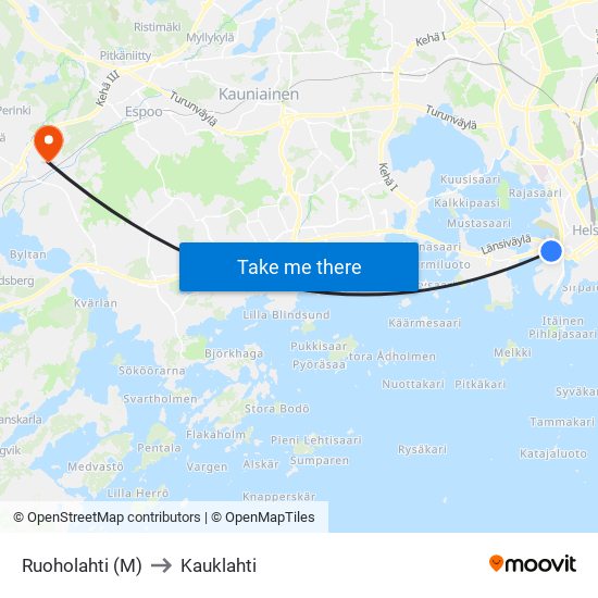 Ruoholahti (M) to Kauklahti map