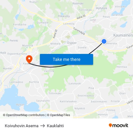 Koivuhovin Asema to Kauklahti map