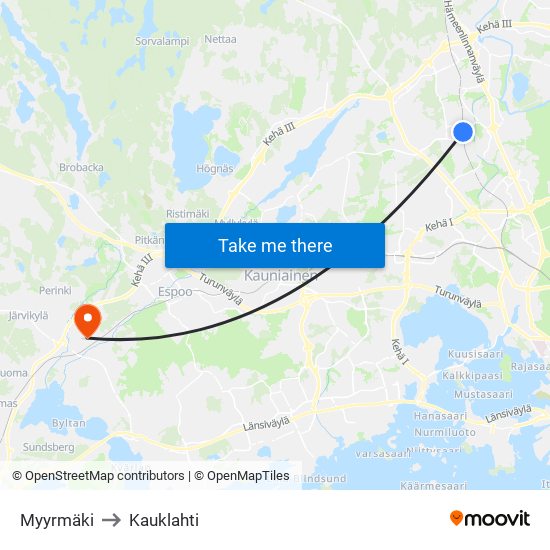 Myyrmäki to Kauklahti map