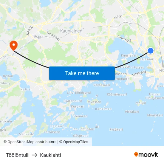 Töölö Toll to Kauklahti map