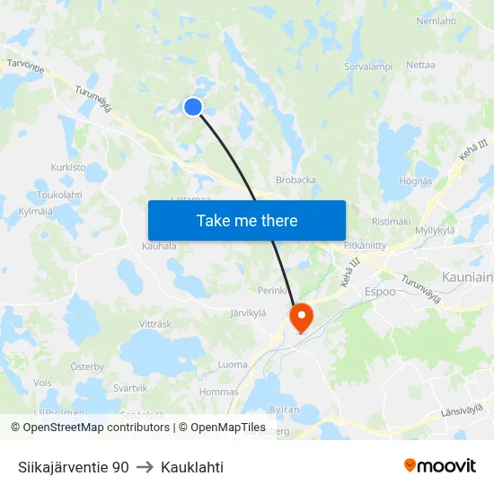 Siikajarventie 90 to Kauklahti map