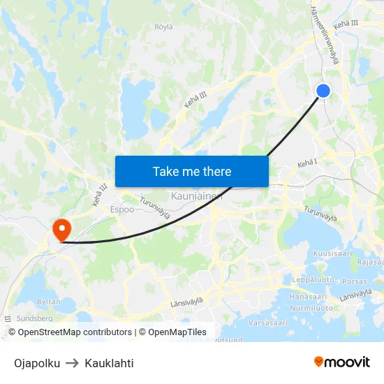 Ojapolku to Kauklahti map