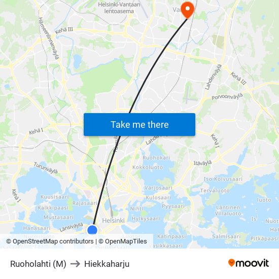 Ruoholahti (M) to Hiekkaharju map