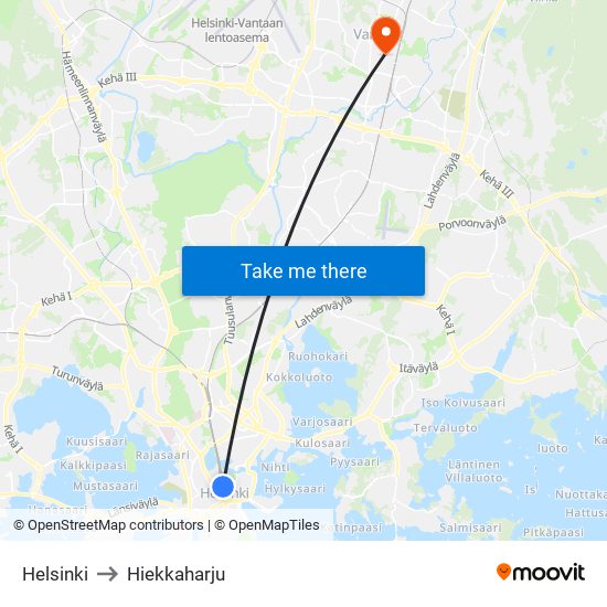 Helsinki to Hiekkaharju map