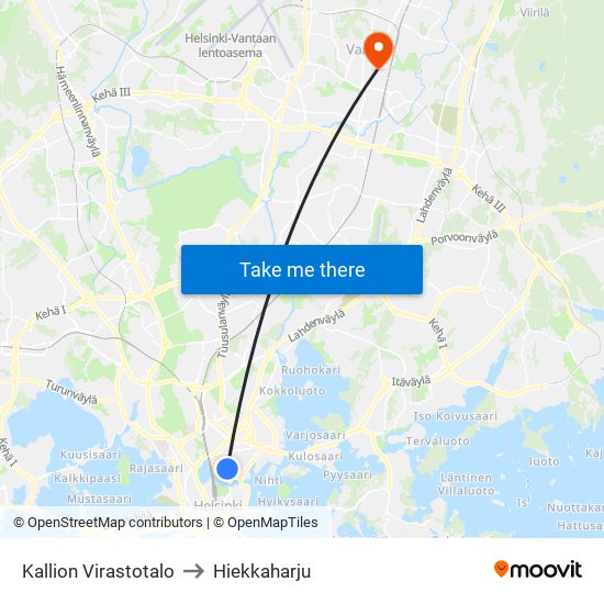 Kallion Virastotalo to Hiekkaharju map
