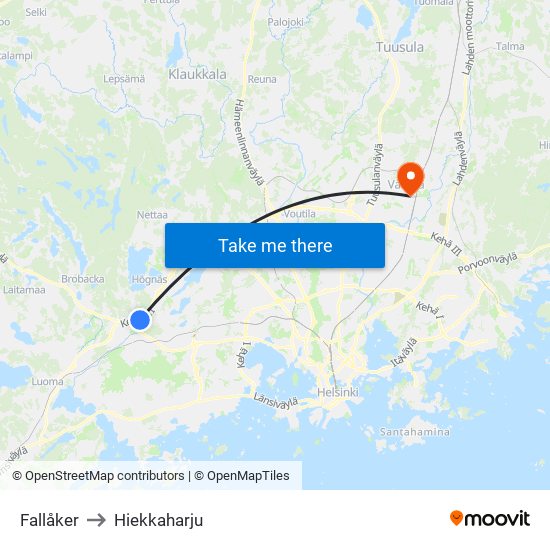 Fallåker to Hiekkaharju map