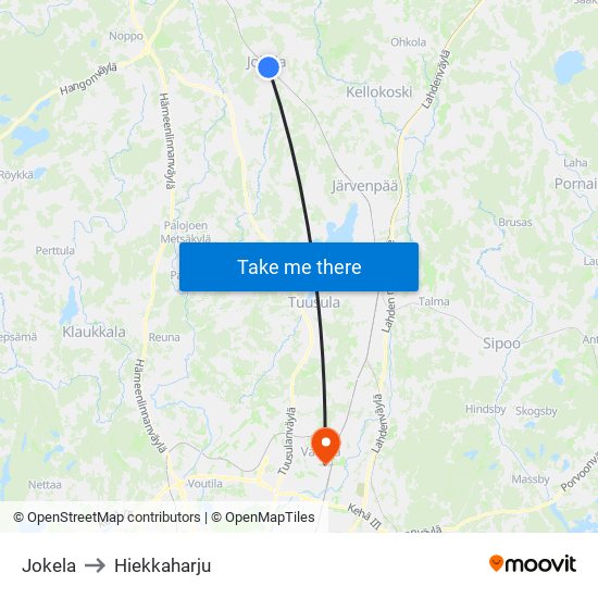 Jokela to Hiekkaharju map