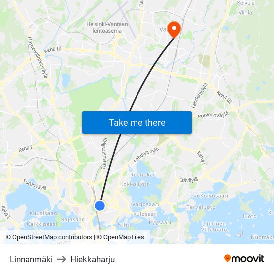 Linnanmäki to Hiekkaharju map