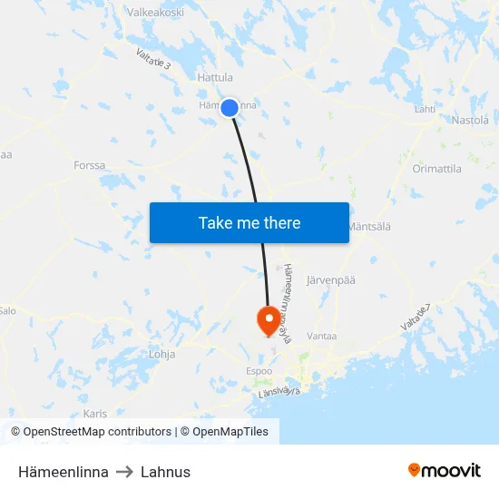 Hameenlinna to Lahnus map