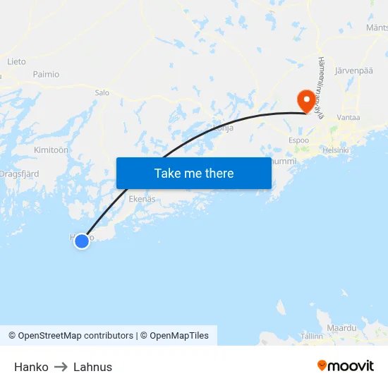 Hanko to Lahnus map
