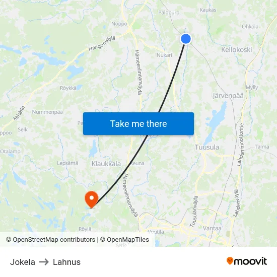 Jokela to Lahnus map