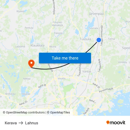 Kerava to Lahnus map