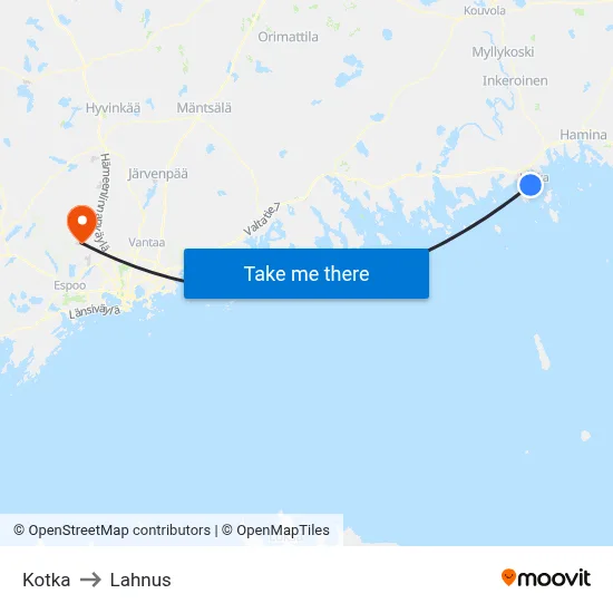 Kotka to Lahnus map