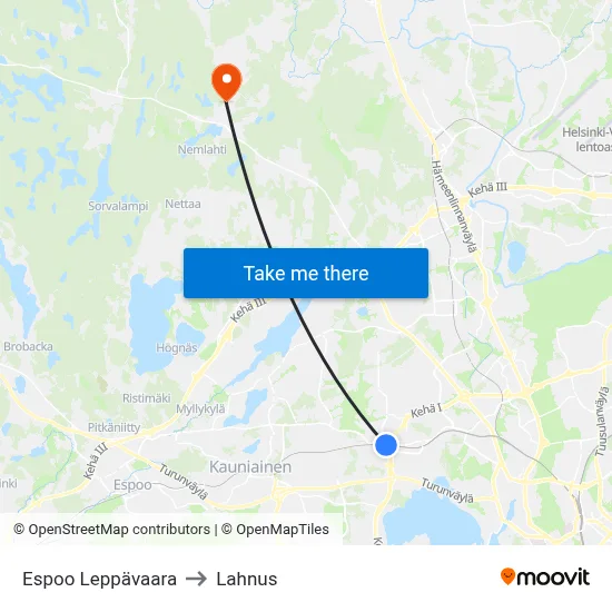 Espoo Leppävaara to Lahnus map