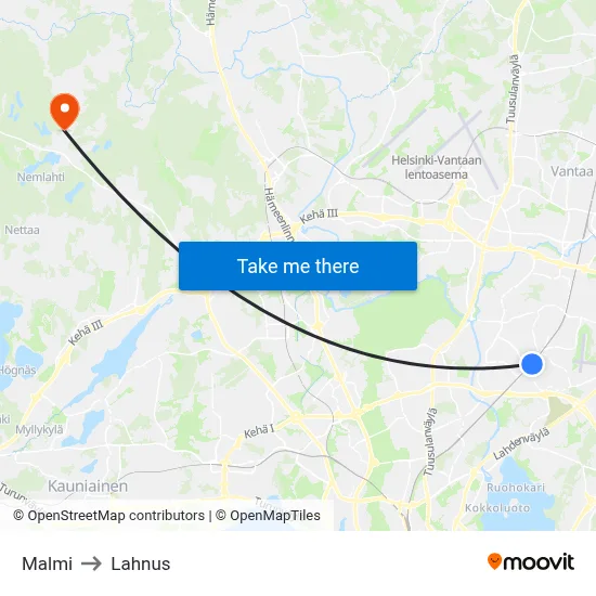 Malmi to Lahnus map