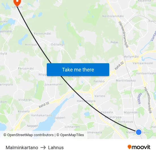 Malminkartano to Lahnus map