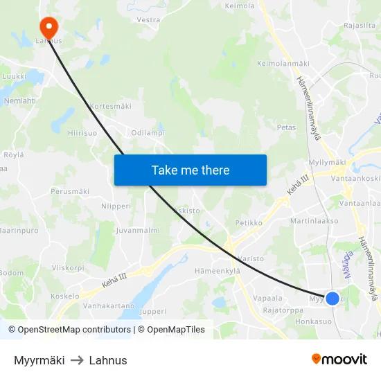 Myyrmäki to Lahnus map