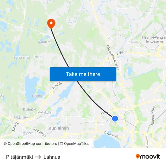 Pitajanmaki to Lahnus map