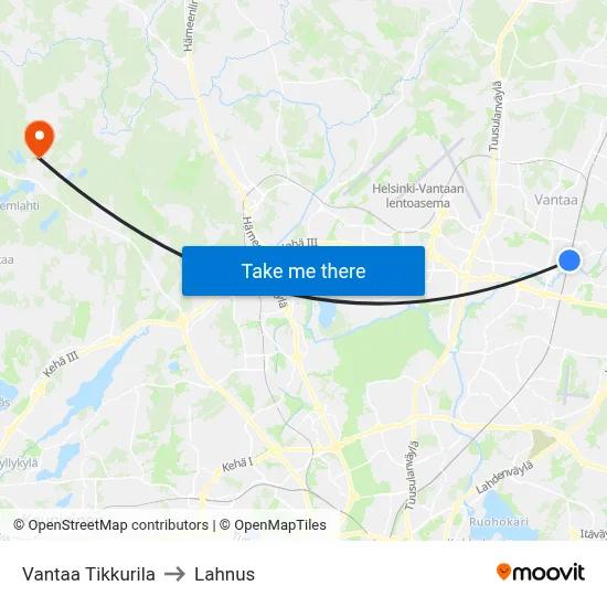 Vantaa Tikkurila to Lahnus map