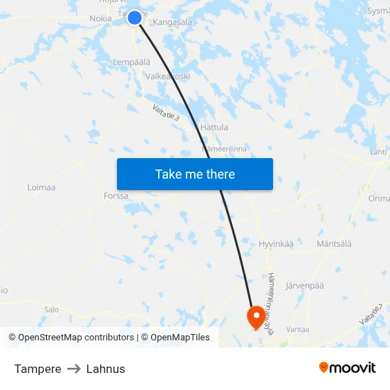 Tampere to Lahnus map