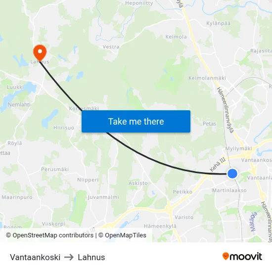 Vantaankoski to Lahnus map
