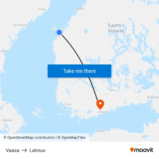 Vaasa to Lahnus map