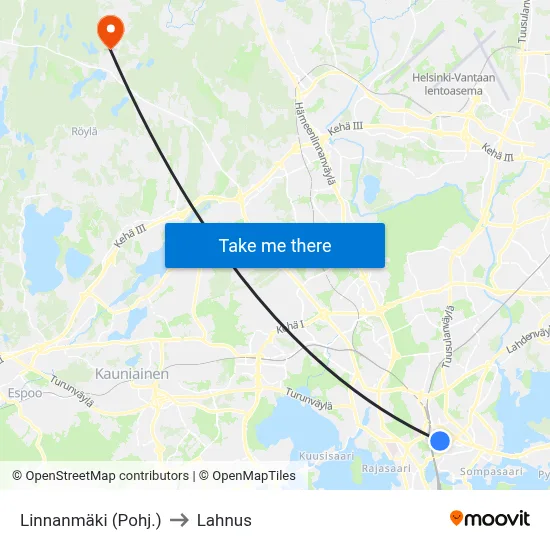 Linnanmäki (North) to Lahnus map