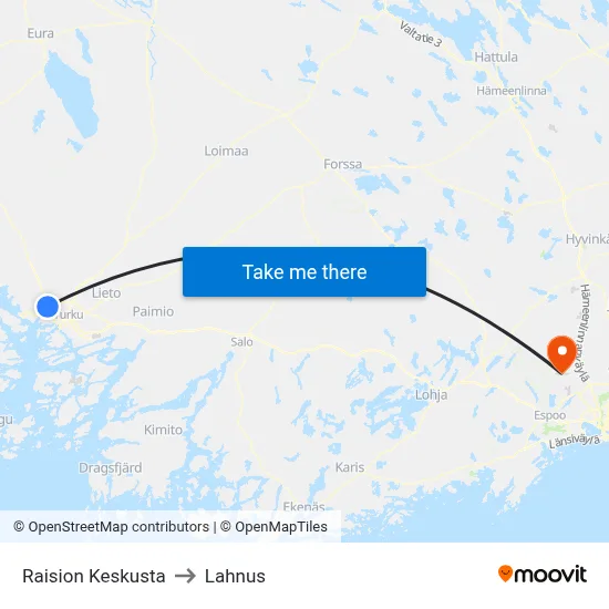 Raisio Center to Lahnus map