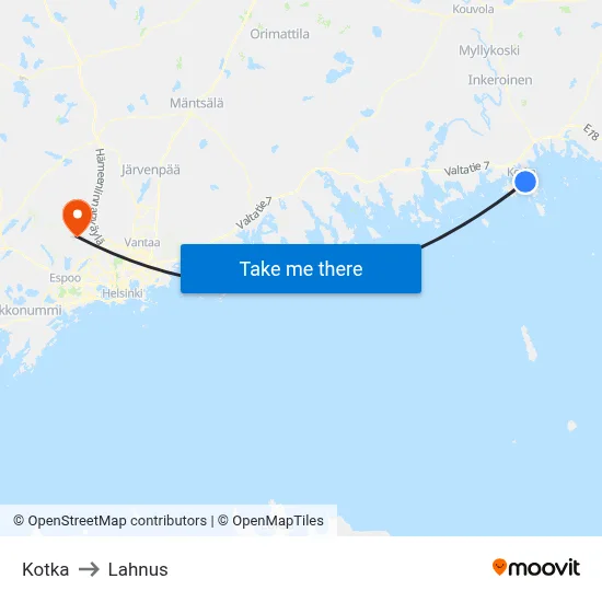 Kotka to Lahnus map