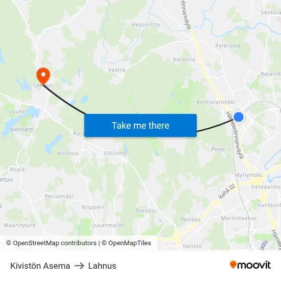Kivisto Station to Lahnus map