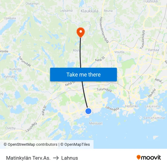 Matinkylä Health Center to Lahnus map