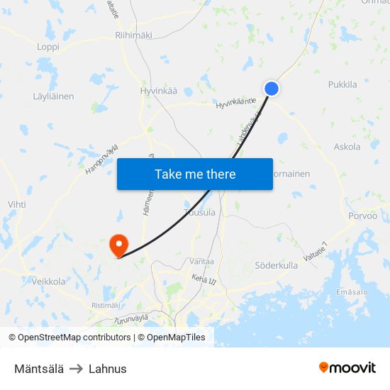 Mäntsälä to Lahnus map