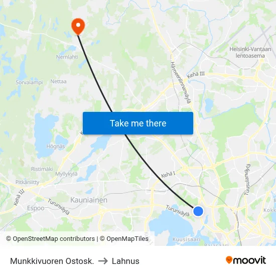 Munkkivuori Shopping Center to Lahnus map