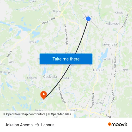 Jokela Station to Lahnus map