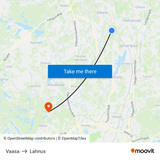 Vaasa to Lahnus map