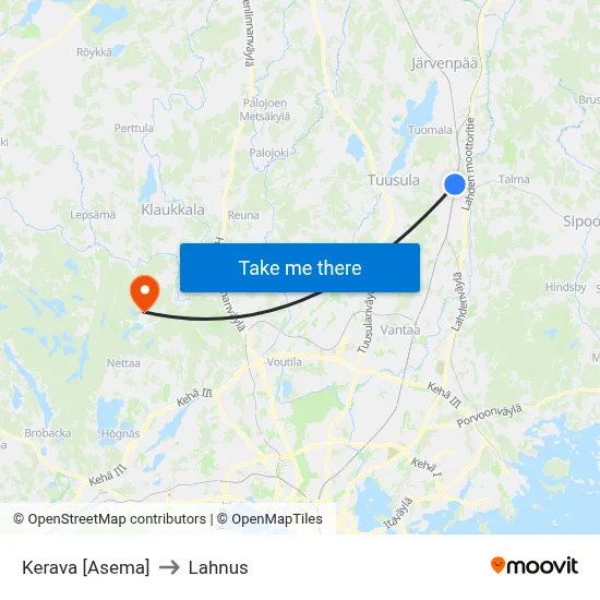 Kerava Station to Lahnus map