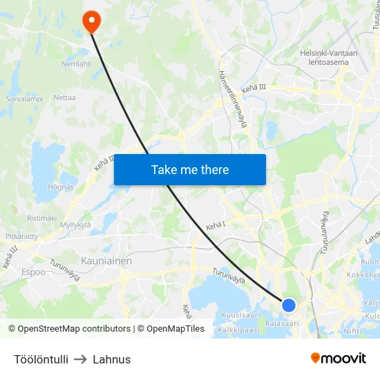 Töölö Toll to Lahnus map