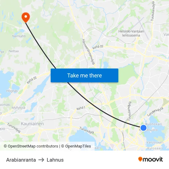 Arabianranta to Lahnus map