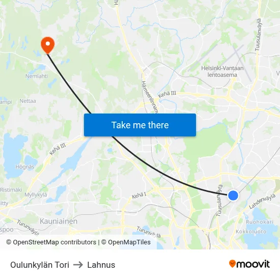 Oulunkylä Square to Lahnus map