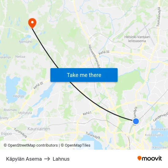 Käpylä Station to Lahnus map