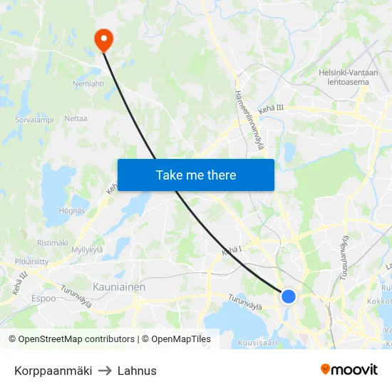 Korppaa Hill to Lahnus map