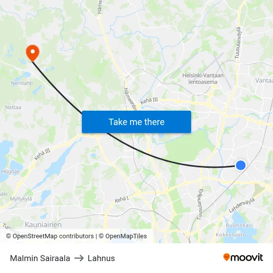Malmi Hospital to Lahnus map